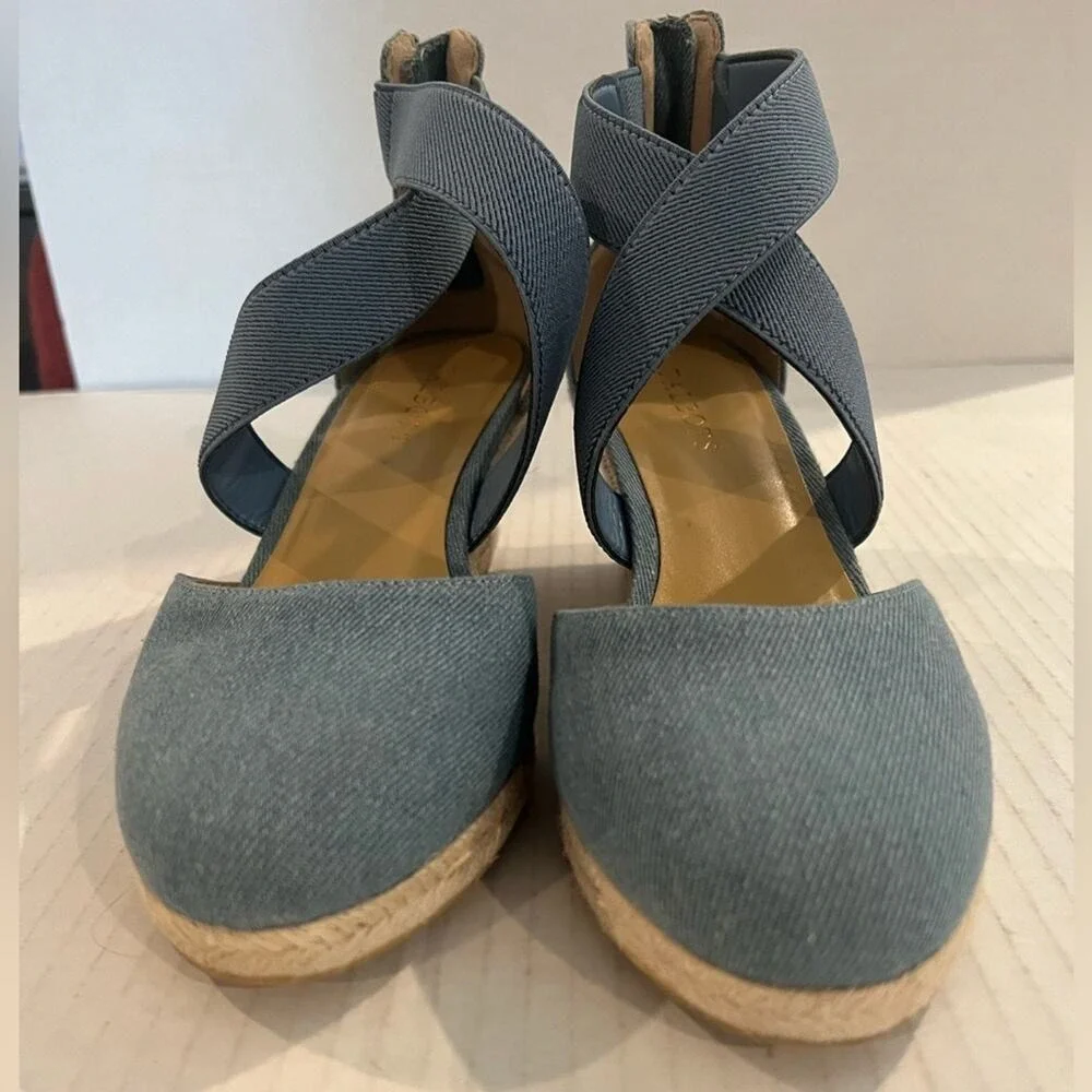 Talbots Lyndsay Espadrille Denim Wedge Criss Cross Straps Back Zip Shoes Sz 9 - Picture 9 of 11
